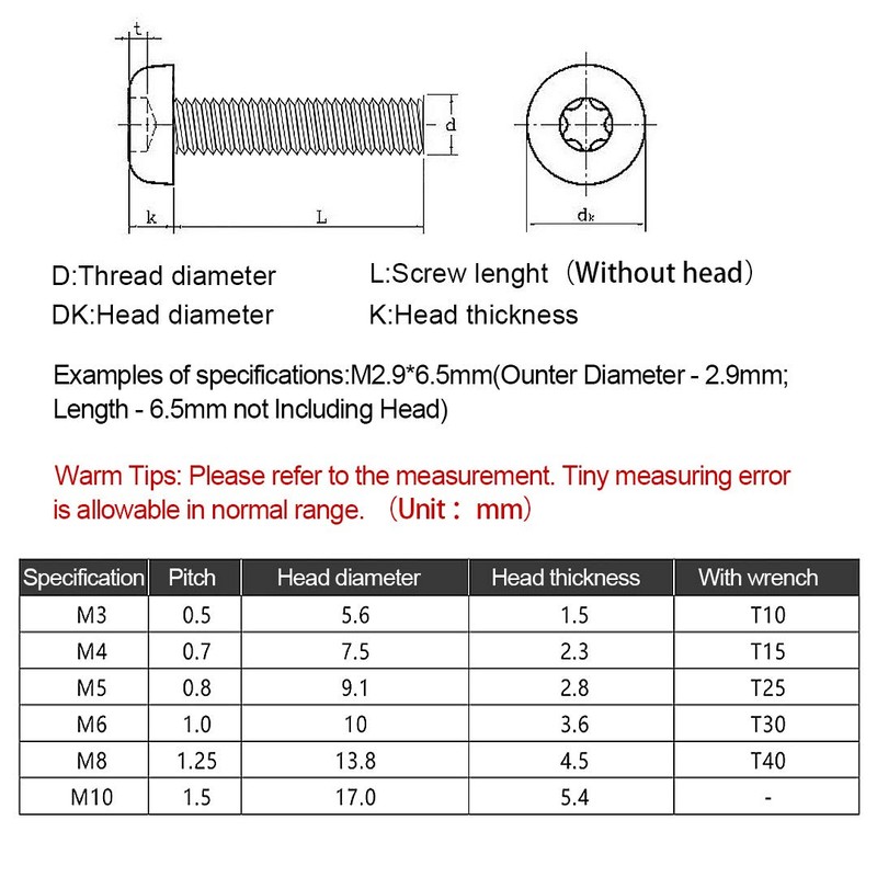 BOZONLI Rounded Head Screws Torx M5 - Hexalobular Machine Screws