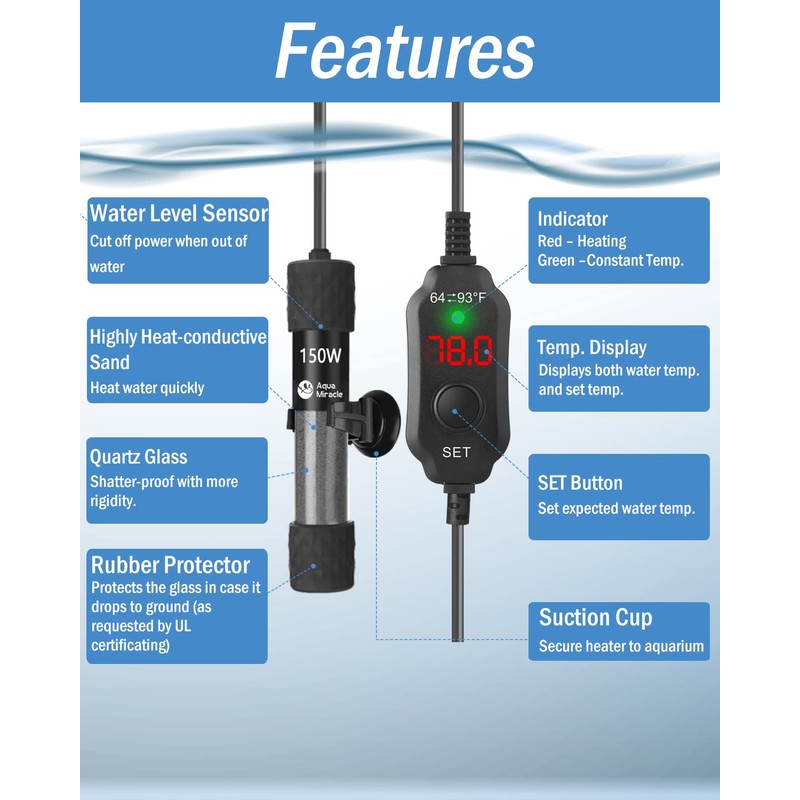 AquaMiracle Adjustable 150W Aquarium Heater Submersible Fish Tank Heater Super