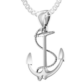 US Jewels Men's 3D 925 Sterling Silver 28mm Anchor and Rope Pendant 2.3mm Curb Necklace, 20in