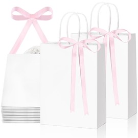 LIANGMIDA 25 Pcs Coquette Pink White Goodie Gift Bags Paper Cute Bow Birthday Idea Party Favors with Handles Candy Bags for Birthday Bridal Shower Baby Shower 8.2 x 5.9 x 3.1 In