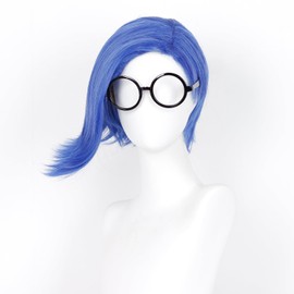 BEAUEXE Short Straight Blue Bob Wig for Cosplay Side Part Asymmetrical Wig Anime Movie Costume Wig with Round Frame Glasses