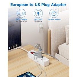 European to US Plug Adapter, EU to US Adapter, 3 AC Outlets for European Electronic Devices, Travel from France, Italy, Spain, Germany,13A/1625W