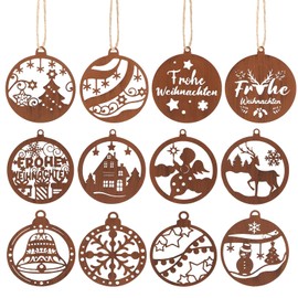 Otuuz Pack of 12 Christmas Tree Decorations Rust 8 cm Rust Decorative Hanger Rusty Christmas Decoration Deer Star Snowman Rust Decoration Metal Christmas Decoration Christmas Pendant for Christmas
