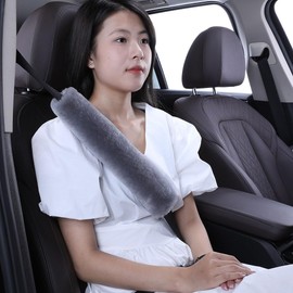 OGLAND 2 Pack 13.4inch Big Plush Soft Wool Sheepskin Seat Belt Cushion, Fluffy Seatbelt Cover Pad for Pacemaker Adults Kids Women Universal Auto Accessory, Misty Gray