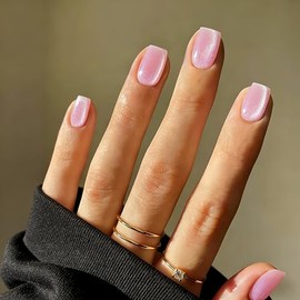 Uñas postizas cortas cuadradas con forma de ojo de gato, color rosa bebé, con acabado cromado brillante, de gel brillante, de calidad profesional, 30 