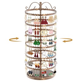 MODOWEY 6 Tier Rotating Earring Holder Organizer Stand, Adjustable Metal Display Tree Rack for Women, 480 Hole and Groove Large Storage for Pierced Stud Dangle Hoop, Compact for Small Dresser, Bronze
