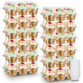 (6 Count x 40 Sets) Stackable Cupcake Containers with 240 Pack Liners, Plastic Cupcakes Boxes Holders for 6 cakes, High Tall Dome Lid Cupcakes Carrier, Clear Cupcake Trays/Containers/Holders