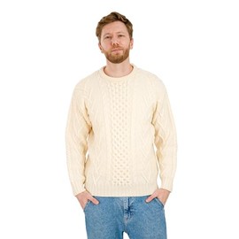 SAOL 100% Merino Wool Men's Irish Traditional Aran Crew Neck Cable Knit Sweater Pullover (Natural, Large)