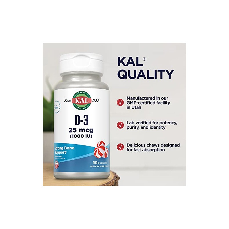 KAL D-3 1000 IU Chewable Softgels, Peppermint, 100 Count by
