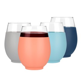 Tronco 20oz Stemless Wine Glasses Set of 4, Reusable Wine Glasses with Silicone Sleeve, Dishwasher Safe & BPA-Free, for Red & White Wine, Cocktails, Home Bar, Parties, Birthdays, Gifts