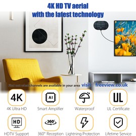 4K HD TV Aerial - Amplified Digital HDTV Aerial with Signal Booster for Local Channels - 360° Long Reception Indoor Aerial Support All Types TV