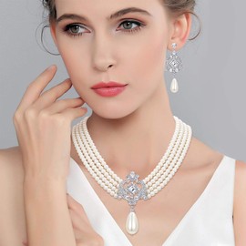 Ever Faith 1920s Gatsby Jewellery Set for Women, Crystal Simulated Pearl Vintage Inspired Costume Necklace Earrings Sets for Woman