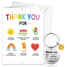 DPKOW Thank You Teacher Gifts for Women, Teacher Appreciation Gifts Thank You Card with Envelope, Inspirational Stainless Keyring Keychain Thank You for Helping ME Grow and Shine