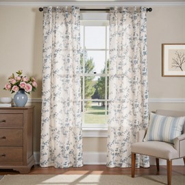 jinchan Linen Floral Curtains 84 Inch Farmhouse Country Flower Drapes Rustic Window Curtains Light Filtering for Living Room Bedroom Laundry Back Tab 2 Panels Blue on Beige