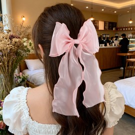 2PCS Large Pink Hair Bow Clips for Women Girls, Elegant Silk Yarn Ribbon Bow Hair Barrette Long Tail Bowknot Hairs Clip Hairs Accessories for Wedding Festival Birthday Party Daily(Pink)