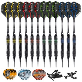 Blesion Darts with Plastic Tip, 12 Pieces 18 g Professional Darts Set for Electronic Dartboard, Darts with 12 Flights, 20 Rubber Rings, 50 Dart Tips