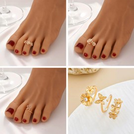 18K Gold Toe Rings for Women Non Tarnish 3Pcs Stainless Steel Adjustable Toe Ring Starfish Dolphin Shell Butterfly Daisy Flower Stacking Toe Rings Trendy Boho Summer Beach Foot Jewelry (Flower)