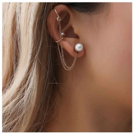 Iaceble Bohemia Pearl Tassel Chain Ear Cuff Earrings Long Pearl Stud Earrings Gold Hoop Chain Cuff Earrings Vintage Pearl Cartilage Earrings Jewelry for Women
