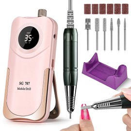 Professional Rechargeable Nail Drill 35000 RPM, SG707 Electric Nail File with 6 Drill Bits for Acrylic Nails Gel Polishing Removing(Pink)