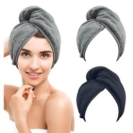 kaiyaya 2 Stück Haarturban Mikrofaser Handtuch mit Knopf Haarhandtuch Kopfhandtuch Schnell Trocknend Microfaser für Kopf und Lange Haare Alle Haartypen(Schwarz+Blau)