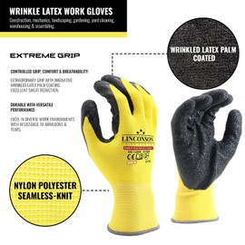 linconson 12 Pack Safety Performance Series Construction Mechanics Wrinkle Latex Work Gloves
