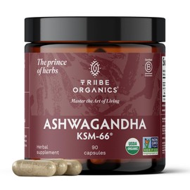 TRIBE ORGANICS TRIBE ORGANICS Ashwagandha KSM 66 Pure Organic Root Powder Extract Ayurvedic Supplement - Focus Mood Support Increase Energy Strength 600mg of Natural KSM66 for Superior Absorption - 90 Capsules