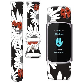 PLKTJOSA Compatible with Charge 6/Charge 5 WatchBands for Women Men,Elastic Adjustable Wristbands,Breathable Sport Band Soft Waterproof Health Tracker(Chamomile And Ladybugs)