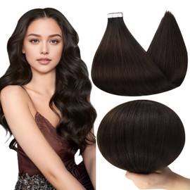 Full Shine Brown Tape in Hair Extensions Real Human Hair 20 Inch Invisible Tape in Hair Extensions Dark Brown Color 2 Skin Weft Hair 40 Pcs 100 Gram Seamless Hair Extension Double Sided Tape