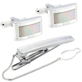 DAKS SE-DA036 Silver Shell White Oyster Cufflinks Tie Pin Set