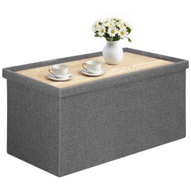 CAIPINFUL 30 Inch Folding Storage Ottoman with Reversible Lid Coffee Table, Linen Fabric Multi-Functional Foot Rest & Seat for Living Room, Bedroom Grey