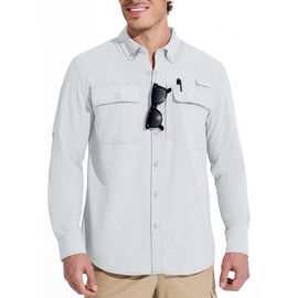 MAGCOMSEN Long Sleeve Fishing Shirts for Men Quick Dry Lightweight Button Down Work Shirts SPF Sun Shirts Tactical Hunting Travel White L