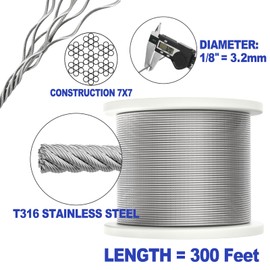CKE 300FT 1/8" Stainless Steel Cable Railing System Hardware, T316 Stainless Steel Wire Rope Cable for Deck Cable Railing Kits, 7x7 Strands Construction Aircraft Cable Wire Rope, DIY Balustrades CW600