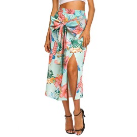 Ezcosplay Women Hawaiian Midi Skirt with Slit Tropical Floral Long Skirt Self Bow Tie Vacation Beach Split Skirts Mint Green