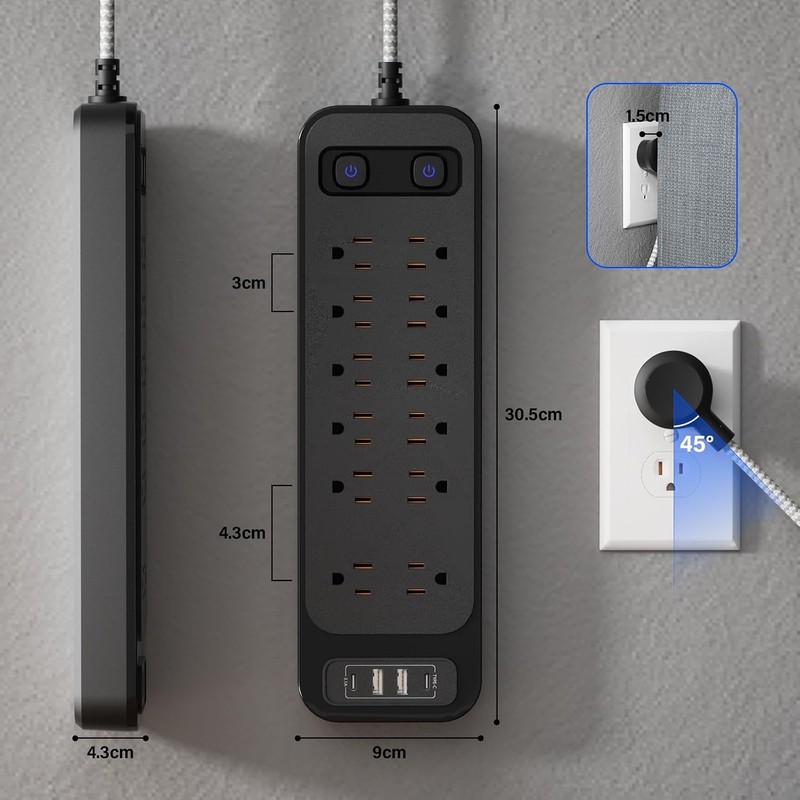 GALASALA Multicontacto Regleta 16 en 1, Extensión Eléctrica de 1,8