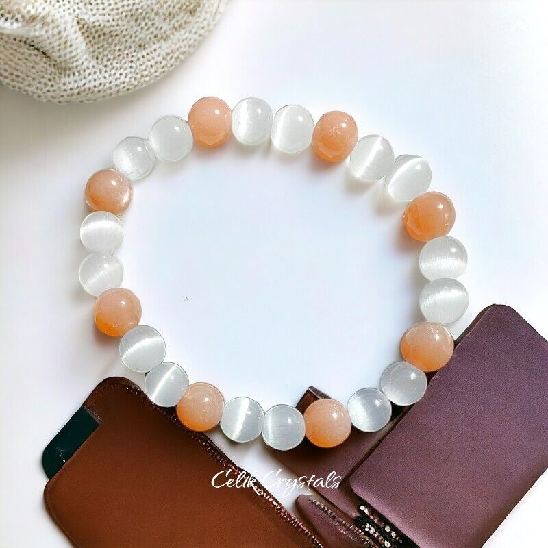Sunstone Bracelet With White Cat Eye Bracelet 8mm Natural Stones