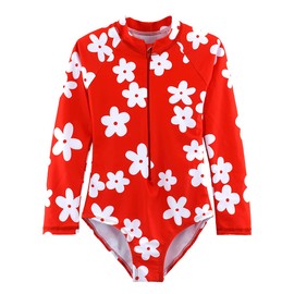 Big Kid Girls Long Sleeve One Piece Swimsuit Rash Guard Swimwear Zipper Quick Dry Bathing Suits Sun Protection UPF 50+ Flowers 12T