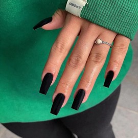 Matte Black Press On Nails Medium Long Square,Xcreando Medium Coffin Nails Acrylic Nails Press ons Glue on Nails Medium Length, Solid Color Fake Nails for Women,Natural Thick Artificial Nails Stick on