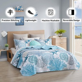 Tritard 3 Piece Coastal Quilt Sets King Size - Reversible Microfiber Quilts with 2 Shams Soft Lightweight Beach Bedding Nautical Bedspread Coverlet Summer Comforter Set for All Season, 106''x96''