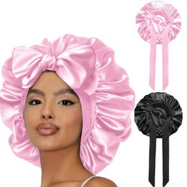 2pcs set Double Layer Satin Bonnet Silk Bonnet for Sleeping Lined Hair Bonnet with Tie Band for Women Curly Hair 2025 New - Color: black&bao1