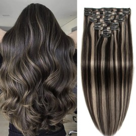 Doupor Clip-In Real Hair Extensions, 45 cm, 8 Pieces, Remy Hair Extensions, Soft, Natural, Handmade, Real Hair, Long, Straight, Clip-In Extensions, Real Hair, 100 g, #1BPGREY