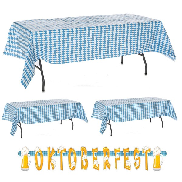 Oojami 3 pc Oktoberfest Table Cover Large Tablecloth for 8 Chairs Table & Oktoberfest Letter Banner Value Party Pack