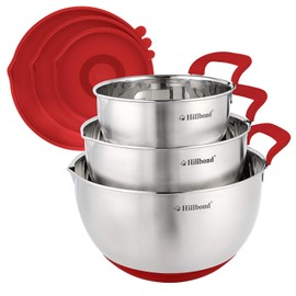 Hillbond Mixing Bowls with BPA Free Airtight Lids Nesting Bowls with Pour Spout, Silicone Handle and Non-Slip Bottoms for Baking, Stainless Steel Mixing Bowls Dishwasher Safe, 1.5, 3, 5 QT (Red)