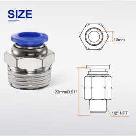 sourcing map 5pcs Push to Connect Fitting 10mm Tube OD x 1/2" NPT Thread Male Straight Quick Connector Copper Air Line Hose Fittings for Industry Air System PC10-N04, Blue