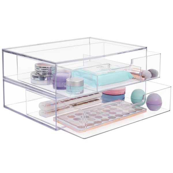 STORi Sofia 12.5” Wide Clear Stackable Open & Divided Storage Drawers, 2 Pack Plastic Organizer Bins for Makeup Palettes, Cosmetics, & Beauty Supplies, Vanity, Bathroom, Desk Organization, Made in USA