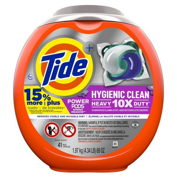 Tide Hygienic Clean Heavy 10x Duty Power PODS Laundry Detergent Soap Pods, Spring Meadow, 41 count, For Visible and Invisible Dirt