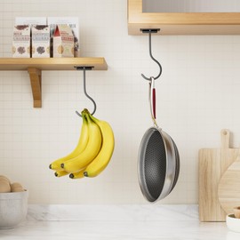 Adhesive Banana Hanger Under Cabinet: Sticky Banana Hooks Under Counter, Banana Holder for Hanging Kitchen Utensil, Foldable with Magnets When Not in Use, Keep Bananas Fresh, Hold 13 LB, Black