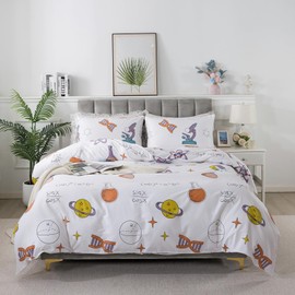 Lemfux 100% Cotton Science Theme White Kids Duvet Cover Set, Modern Neutral Soft Breathable Children Comforter Cover Set with Metal Zippers, Luxury Designer Bedding Set, Twin Size, 2Pcs