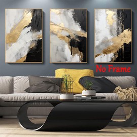 Black and Gold Abstract Canvas Wall Art Modern Abstract Painting Gold Foil Abstract Painting Black Gold Grey Abstract Wall Art Gold Foil Artwork Black Grey Gold Pictures for Wall 16x24inchx3 No Frame