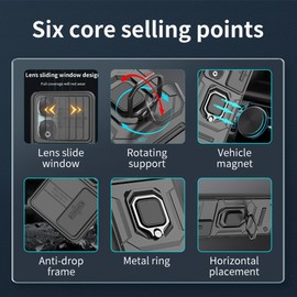 ESTH® Case for Honor 90 5G with Slide Camera Cover, Military Grade Shockproof Protective Cover with Rotatable Metal Ring Kickstand [Support Magnetic Car Mount], Black