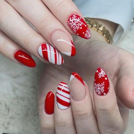 Christmas French Tip Press on Nails Almond Fake Nails Medium Length False Nails with Snowflake Designs Christmas Red White Stripe Artificial Acrylic Nails Red Nail Tips Stick on Nails for Women Girls